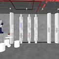 Shopping Mall Store Interior With Silver Metal Pillars And Display Cases For Collectible Dolls