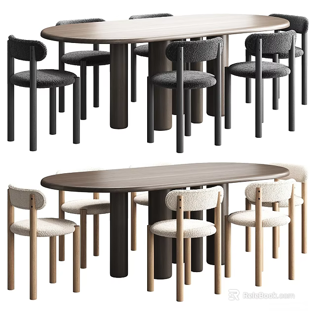Modern Dining Table Set With Round Backrest Gray Beige Chairs And Dark Legs 3d model