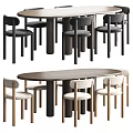 Modern Dining Table Set With Round Backrest Gray Beige Chairs And Dark Legs 3d model