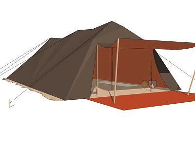Brown Camping Tent With Extended Awning Red Carpet And Wooden Poles Setup 3d model