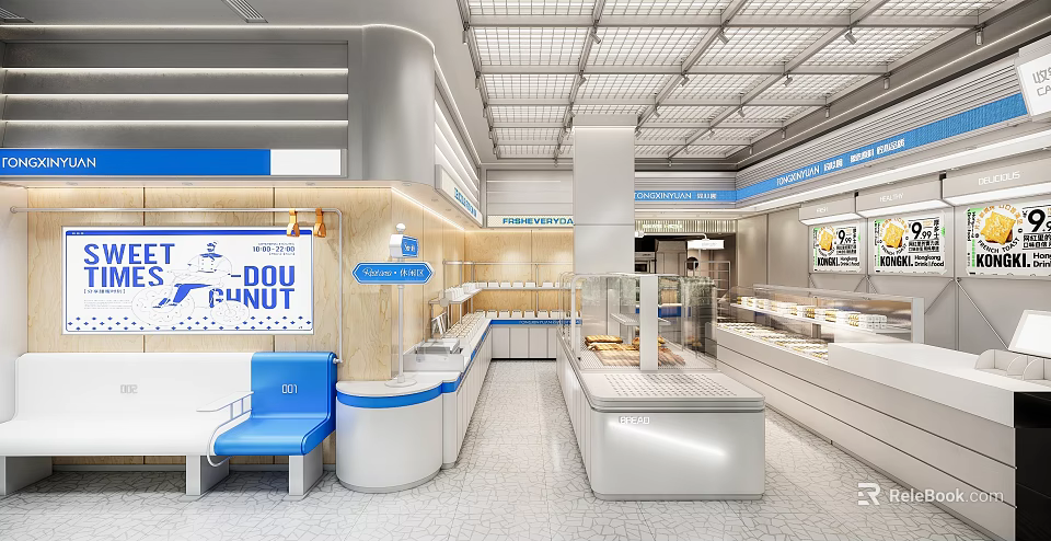 Modern Dessert Shop Interior With Display Cases Blue Seats And White Counters 3d model 