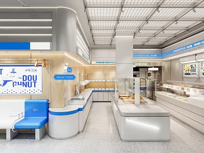 Modern Dessert Shop Interior With Display Cases Blue Seats And White Counters 3d model