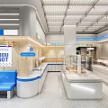 Modern Dessert Shop Interior With Display Cases Blue Seats And White Counters