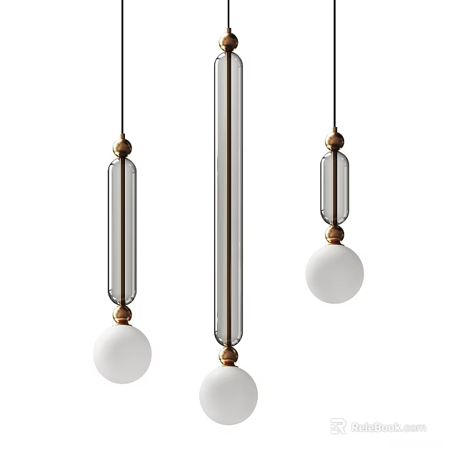 Three Modern Pendant Lights with Transparent Glass Tubes Golden Connectors and White Spherical Bulbs 3d model 