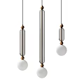 Three Modern Pendant Lights with Transparent Glass Tubes Golden Connectors and White Spherical Bulbs
