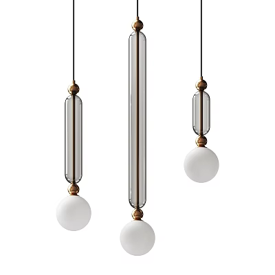 Three Modern Pendant Lights with Transparent Glass Tubes Golden Connectors and White Spherical Bulbs 3d model