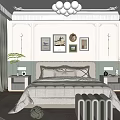 Elegant Modern Bedroom Interior With Bed Framed Artworks Chandelier Nightstands And Wardrobe