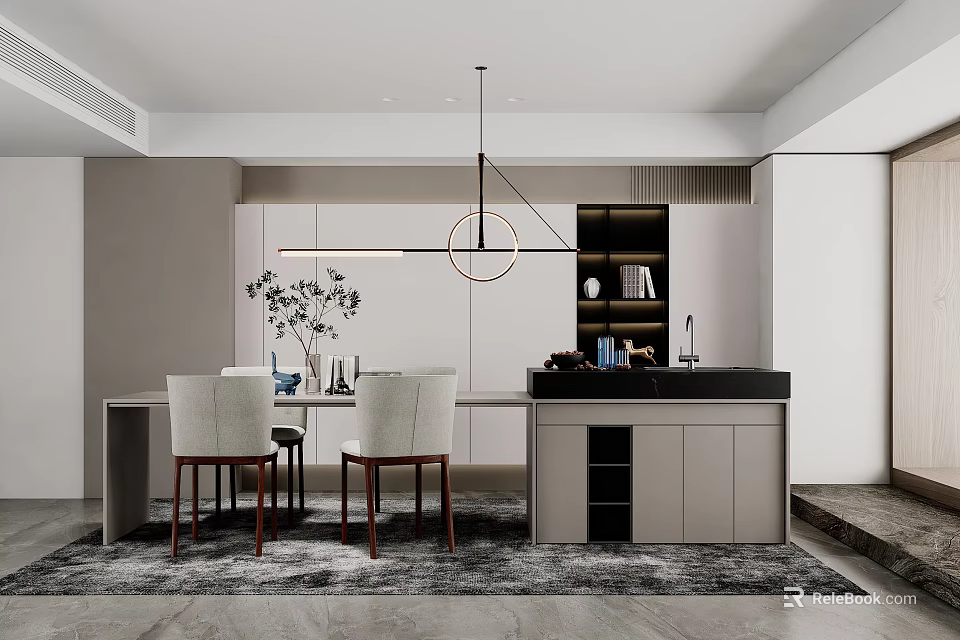 Modern Restaurant Interior With Open Layout Dining Table Chairs And Pendant Light 3d model