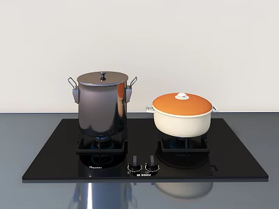 Stylish Tea Set With Black And White Teapots On Black Stove With Knobs 3d model