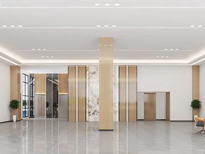 Modern Hotel Lobby Interior Design With Spacious Layout Marble Floor Wooden Walls And Central Column 3d model