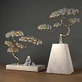 Ornamental Decor Set of Golden Metal Pine Trees with Marble Base and Stone Decoration