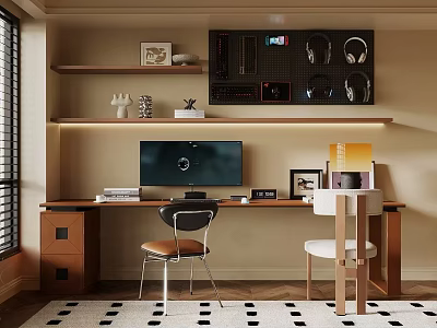 Wooden Desk in Home Office With Monitor Books Headphones and Decorative Shelves 3d model