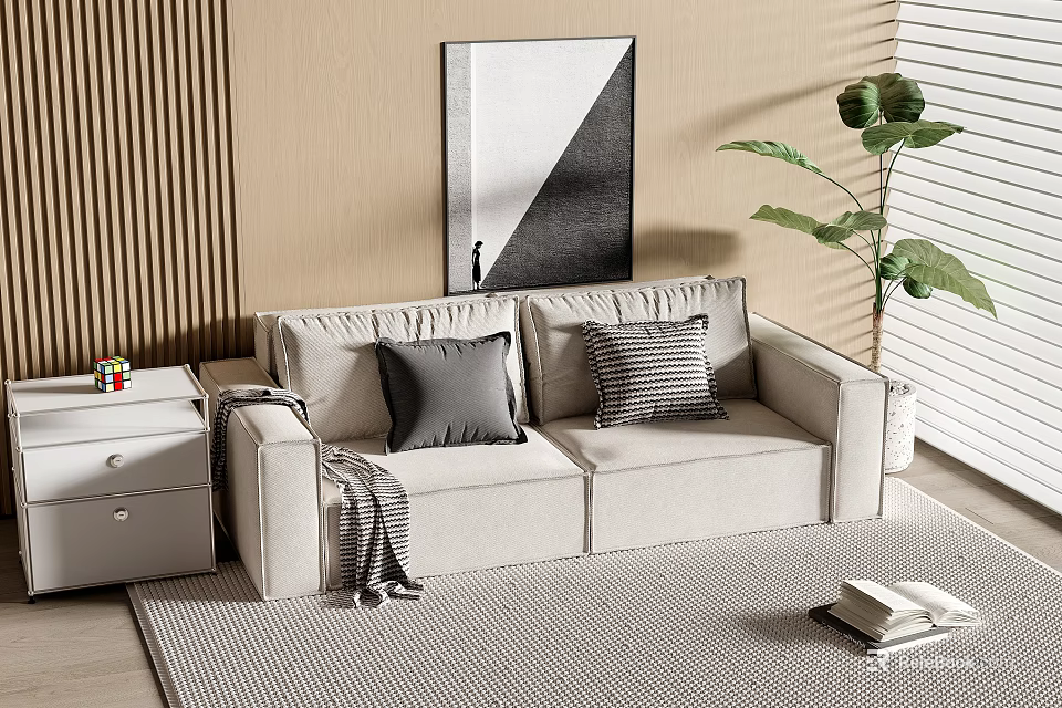 Beige Two Seater Sofa with Decorative Pillows Throw Blanket Striped Wall Artwork and Green Plant 3d model 