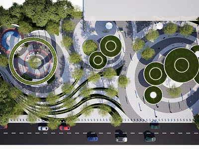 Modern Park Landscape With Circular Green Areas Winding Pathways And Lush Trees 3d model
