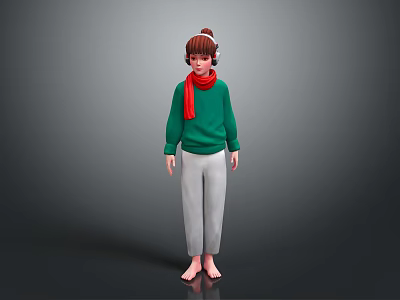 Barefoot Human Character In Green Sweater Red Scarf With Headphones And Gray Pants 3d model