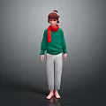 Barefoot Human Character In Green Sweater Red Scarf With Headphones And Gray Pants