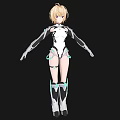 Blonde Haired Woman With Red Eyes In White Bodysuit And Mechanical Elements On Arms Legs