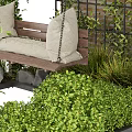 Garden Pergola Covered With Green Vines And Wooden Swing Chair Near Brick Wall