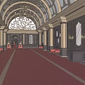 Elegant Elevator Hallway With Arched Ceiling Chandelier Columns Red Carpet And Benches 3d model