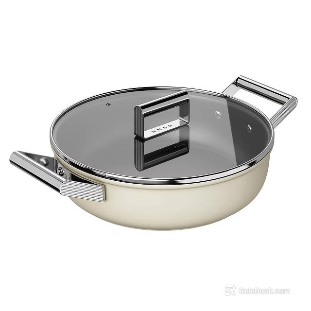 Golden Beige Cooking Pan With Transparent Lid And Dual Handles For Kitchen Use 3d model 