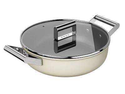 Golden Beige Cooking Pan With Transparent Lid And Dual Handles For Kitchen Use 3d model