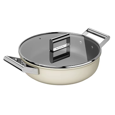 Golden Beige Cooking Pan With Transparent Lid And Dual Handles For Kitchen Use 3d model