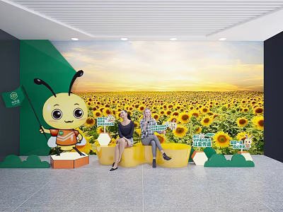 Sunflower Field Sunset Sky Ant Cartoon Group Photo Check-in Spot With Yellow Seats Green Decor 3d model
