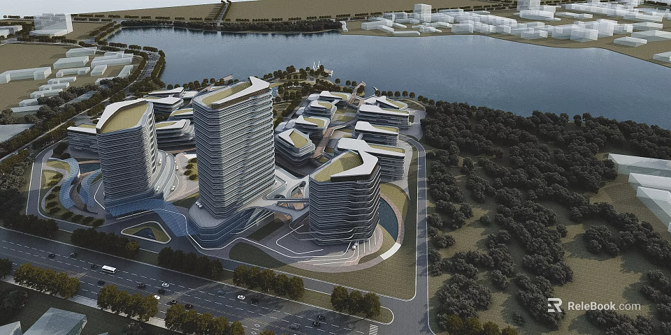 Modern Office Buildings Featuring Curved Design Near Waterfront Greenery Trees and Adjacent Roads 3d model 