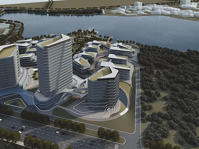 Modern Office Buildings Featuring Curved Design Near Waterfront Greenery Trees and Adjacent Roads 3d model