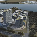 Modern Office Buildings Featuring Curved Design Near Waterfront Greenery Trees and Adjacent Roads
