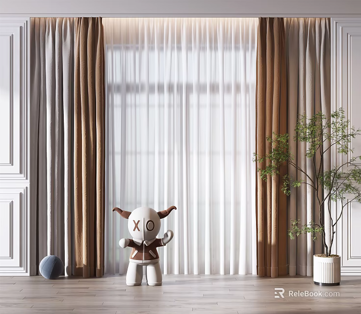 Layered Curtains with Brown Drapes and White Sheer in Modern Interior Space 3d model 