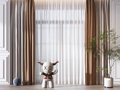 Layered Curtains with Brown Drapes and White Sheer in Modern Interior Space 3d model