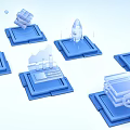 Futuristic Tech Platforms With 3D Icons Rocket Building Chart Gear And Pyramid Elements Blue Toned