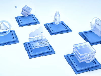 Futuristic Tech Platforms With 3D Icons Rocket Building Chart Gear And Pyramid Elements Blue Toned 3d model