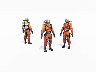 Detailed Game Movie Character Design In Orange Uniform With Helmet Gear And Different Standing Poses 3d model