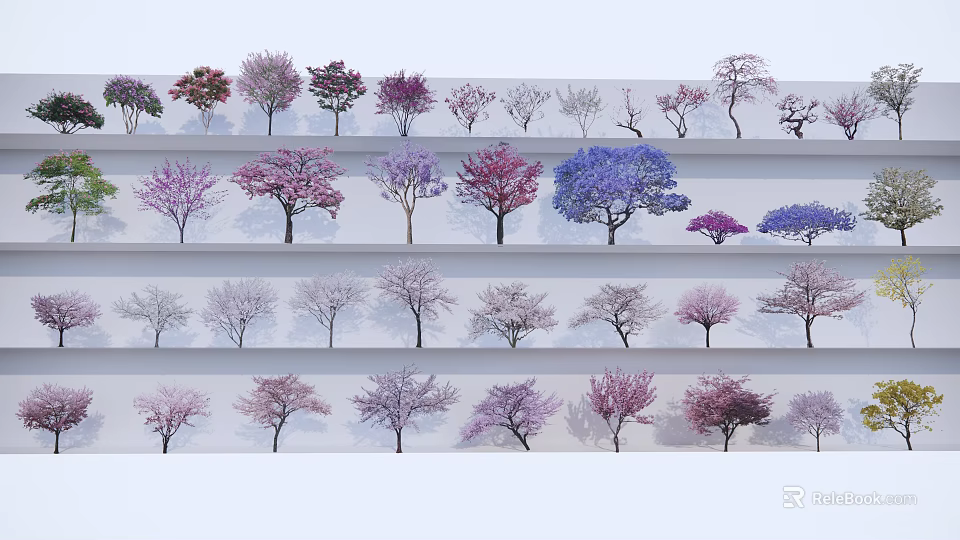 Colorful Trees on Multiple Shelves with Various Forms and Purple Pink Blue White Canopies 3d model 