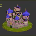 Colorful Medieval Castle Model With Blue Domes And Flags On Green Base