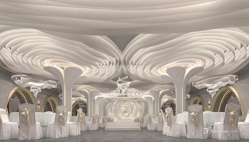 Modern Banquet Hall With Wavy White Ceiling Elegant Columns Central Stage White Chairs And Chandeliers 3d model 