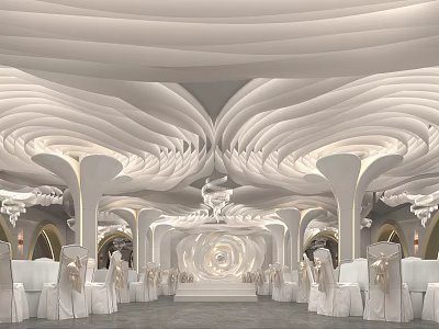 Modern Banquet Hall With Wavy White Ceiling Elegant Columns Central Stage White Chairs And Chandeliers 3d model