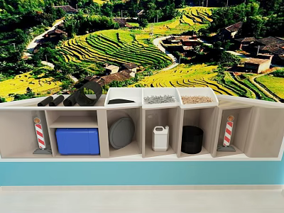 Tobacco And Alcohol Store Display Cabinet With Colorful Bottles And Scenic Village Background 3d model