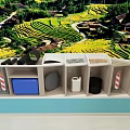 Tobacco And Alcohol Store Display Cabinet With Colorful Bottles And Scenic Village Background