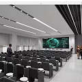 Modern Conference Room With Large Screen Showing Globe And Data Visualization Rows Of Seats