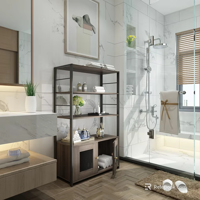 Modern Bright Spacious Bathroom With Open Storage Shelf And Frameless Glass Shower Enclosure Design 3d model 