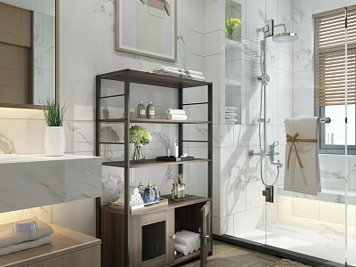 Modern Bright Spacious Bathroom With Open Storage Shelf And Frameless Glass Shower Enclosure Design 3d model