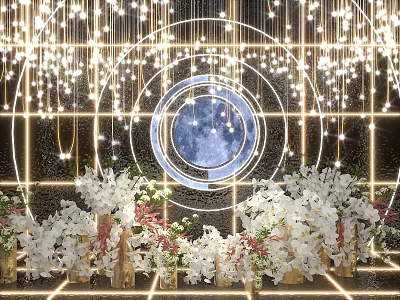 Stunning Photo Spot With Hanging String Lights Circular Moon Decoration And White Pink Flowers 3d model