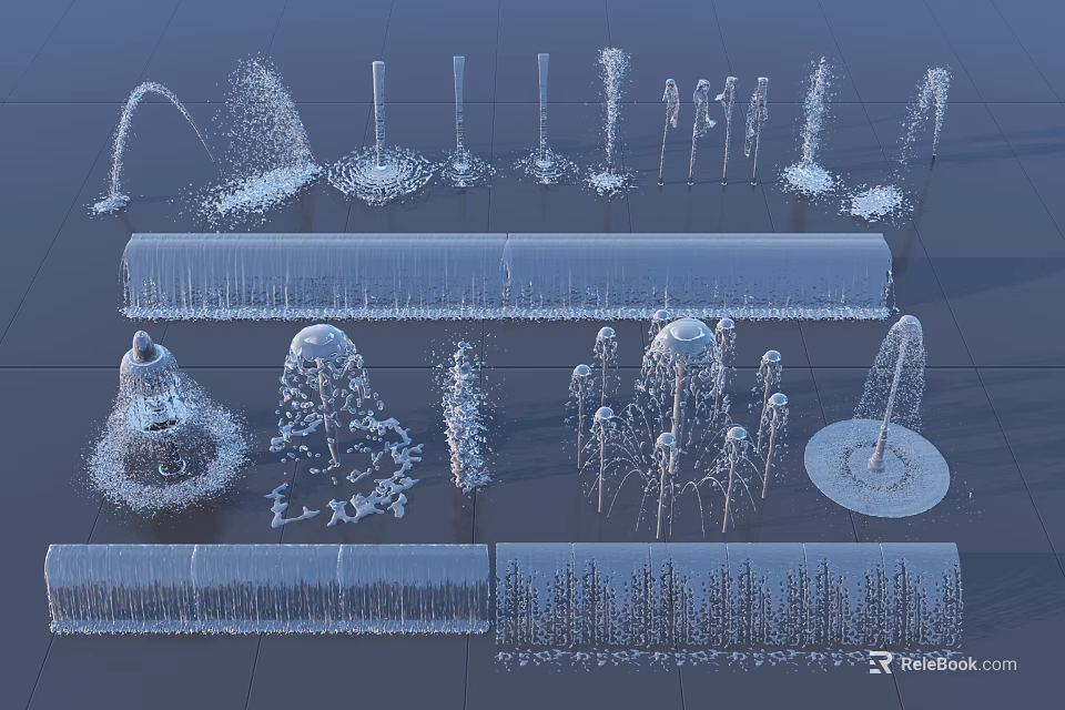 Decorative Garden Ornaments With Various Water Features Fountains Jets And Curtains Design 3d model 