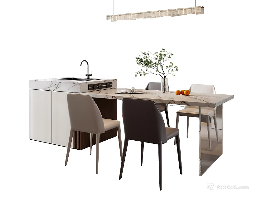 Modern Kitchen Interior Design With Marble Island Cabinets Sink And Dining Chairs 3d model 