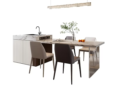 Modern Kitchen Interior Design With Marble Island Cabinets Sink And Dining Chairs 3d model
