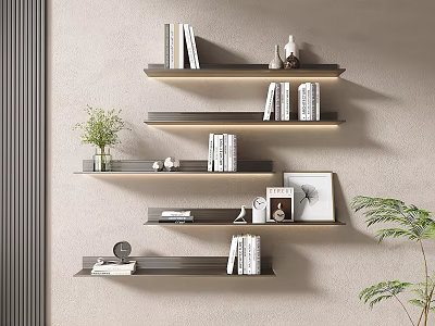 Modern Wall Mounted Bookshelf Design With Layered Shelves Lighting Books Decorative Items And Green Plant 3d model