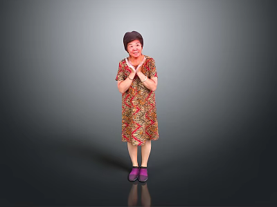 Woman Standing In Floral Dress With Clasped Hands And Purple Shoes On Gray Background 3d model